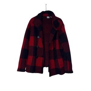Keren Hart Buffalo Plaid Pea Coat Womens L Red Black 100% Wool